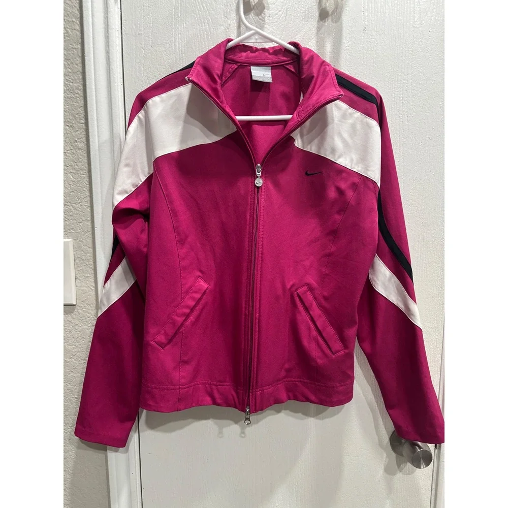 Nike Womens Track Jacket Magenta Pink White Black Colorblock Full Zip Large